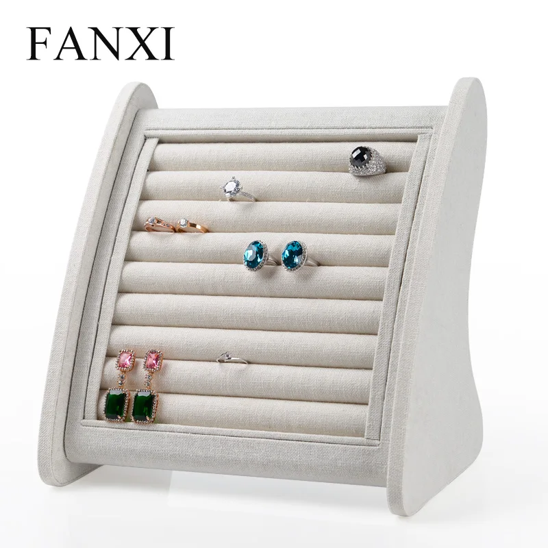 

Fanxi Linen /Ice velvet Creative Bevel Ring Display Stand Earrings holder with 8 Lines Cardboard Jewelry Display Exhibitior Box