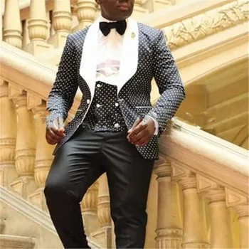 

2018New Arrival Mens Suits Groomsmen White Lapel Tuxedos Groom Black Dot Wedding Best Man Men Suit Married Jacket + Pants + Vest