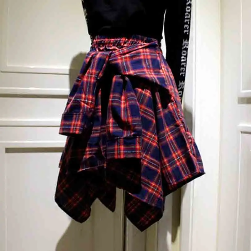 Harajuku в стиле панк плед асимметричные юбки для женщин Асимметричная с высокой талией юбки для плиссированные обувь девочек гот поддельные двойка
