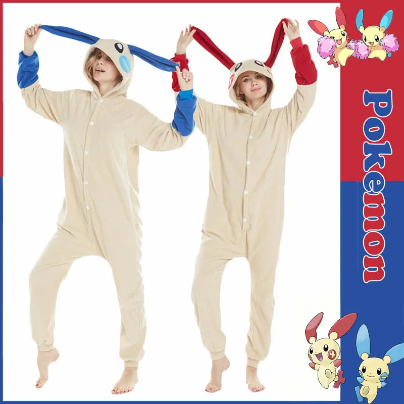 Anime Pokemon Minun Plusle Cosplay Kigurumi One-Piece Fleece Jumpsuit Pajamas