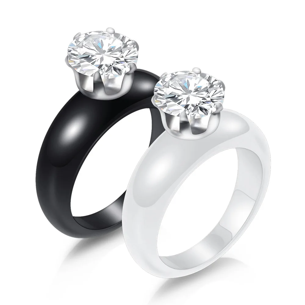 

New Arrival Black White Colorful Ring Ceramic Ring For Women With Big Crystal Wedding Band Ring Width 6mm Size 6-10 Gift For Men