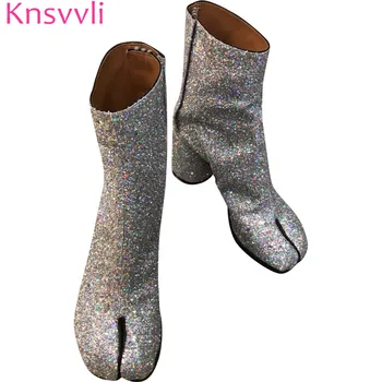 

Knsvvli autumm winter new individuality cloven toe short boots women chunky high heel fashion sequin boots woman martin boots