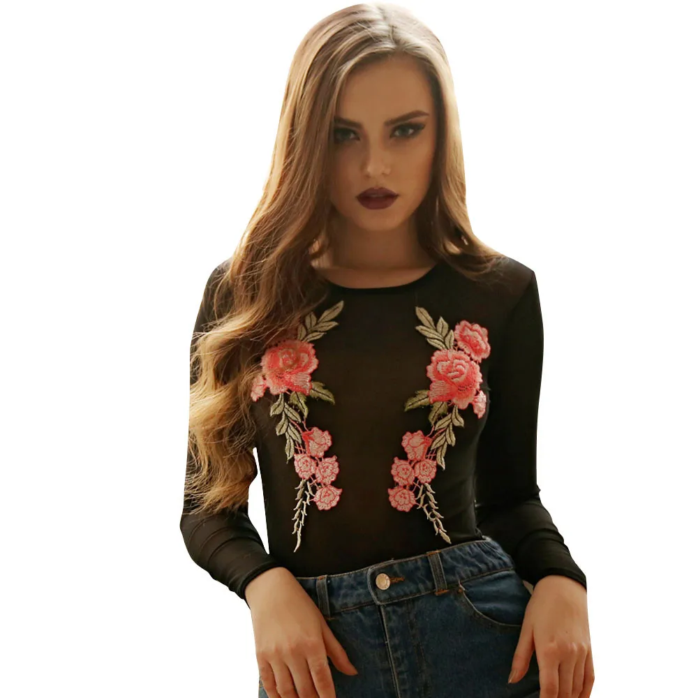 

Womail Women Summer Casual O-Neck Long Sleeve Embroidered Print Floral Sheer Mesh Bodysuit Leotard Jumpsuit Mar 23