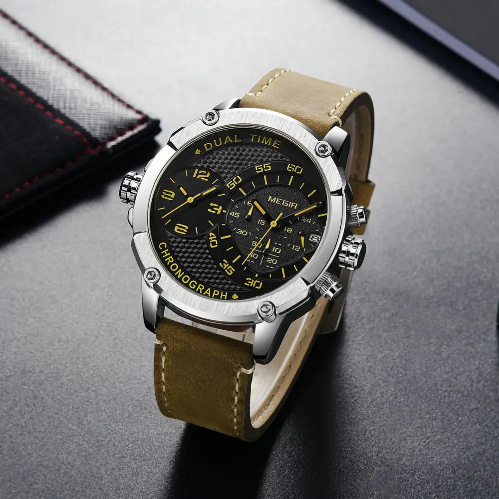 

MEGIR Outdoor Sports Quartz Watch Men Leather Strap 2 Time Zone Chronograph Fashion Casual Multifunction Wristwatches 2019