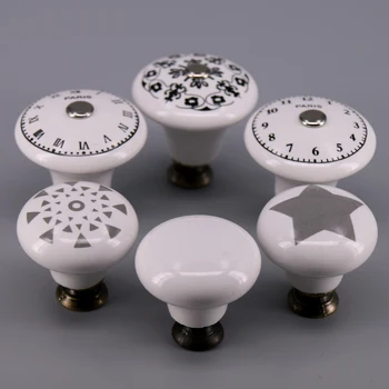 1x Pastoralism White Ceramic knob Star Flower Clock Print Kitchen Cabinet Cupboard Door knob and handles Kids Drawer Knob Pulls