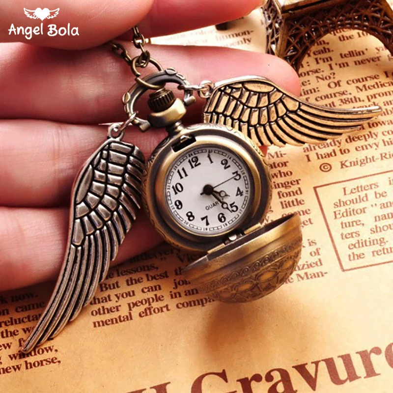 

Sweater Necklaces Hot Selling Round Pocket Watch Pendant Retro Snitch Steampunk Quidditch Wing Clock NL-032