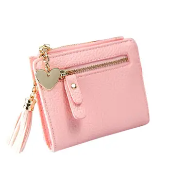 

PinShang Women PU Leather Mini Wallet Card Holder Tassel Heart Pendant Zipper Purse wallets and purses wallets women ZK30