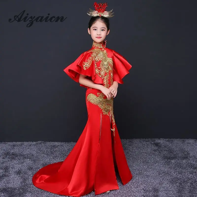 Роскошное вечернее платье в китайском стиле с цветочным узором для девочек, торжественное платье с вышивкой на день рождения, детская