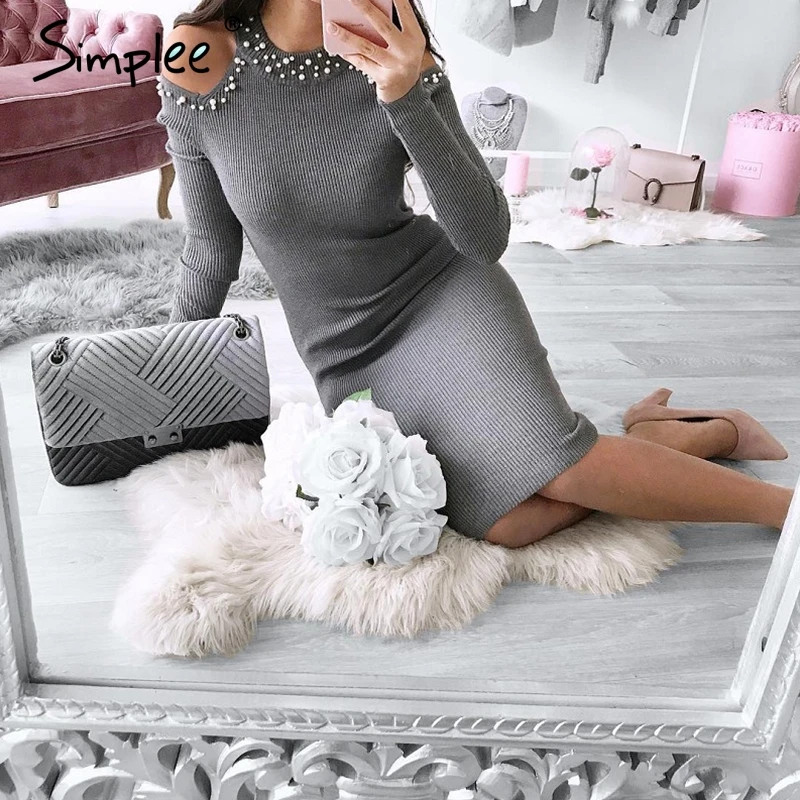 Simplee Sexy off shoulder bead knit sweater dress Women red bodycon dress Elegant autumn winter robe dress vestidos festa jumper