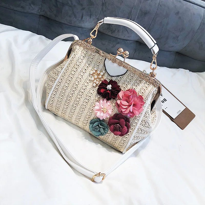 

FGGS-Women Pearl Handbag Popular Female Summer Flower Straw Bag Lady Fashion Shoulder Bag Travel Beach Woven Crossbody Khaki