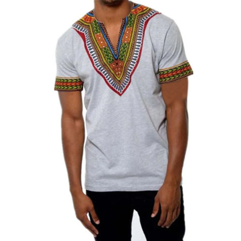 Одежда в африканском стиле, Мужская футболка, летняя футболка с коротким рукавом, этнический цветочный принт, Мексиканский этнический стиль, Boho, топы, 4XL, Дашики, футболка - Цвет: Gray