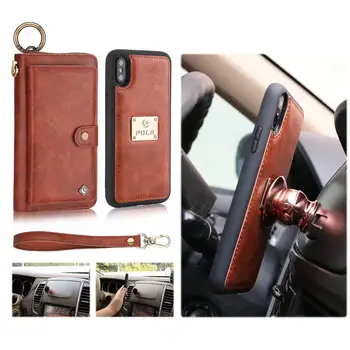 

POLA Multifunction Wristband Leather Holster Zip Wallet Case For iphone XS Max XR 8 7 6 Card Pocket Magnetic Detachable Car Ring