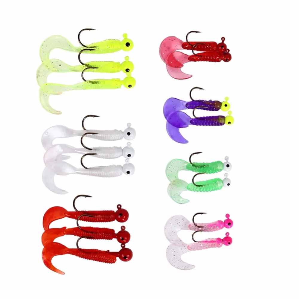 

Mounchain 17 Pcs Fishing Tackle Lots Jig Lead Head Hooks Soft Baits Lures Curly Tail Worms Kit Set Random Color