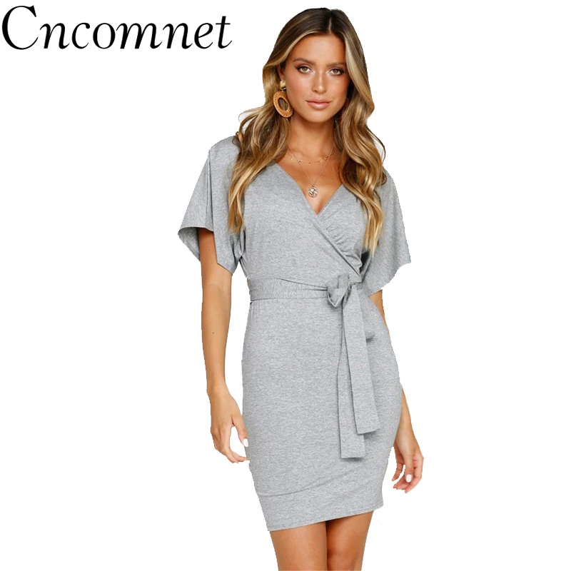 

Fashion Wrap V Neck Women Short Sleeve Dress Elegant Bow Tie Sashes Solid Female Mini Dress Sexy Summer Package Hip Dresses New