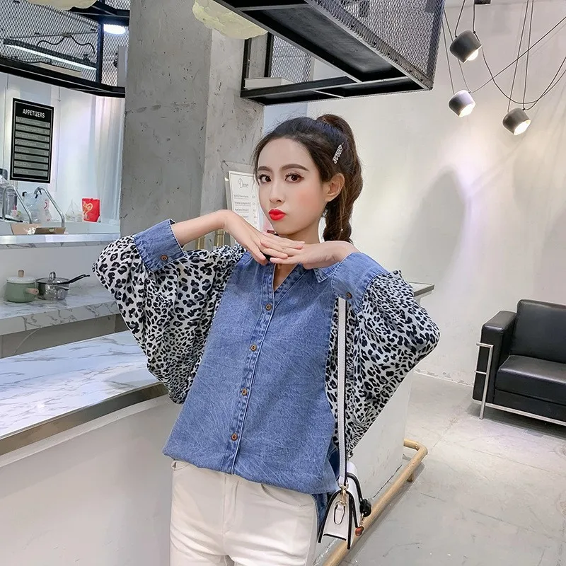 High Street Leopard рукавом Лоскутная джинсовая рубашка модные с рукавом-фонариком Свободные Повседневное отложной воротник Blusones De Mujer Largos