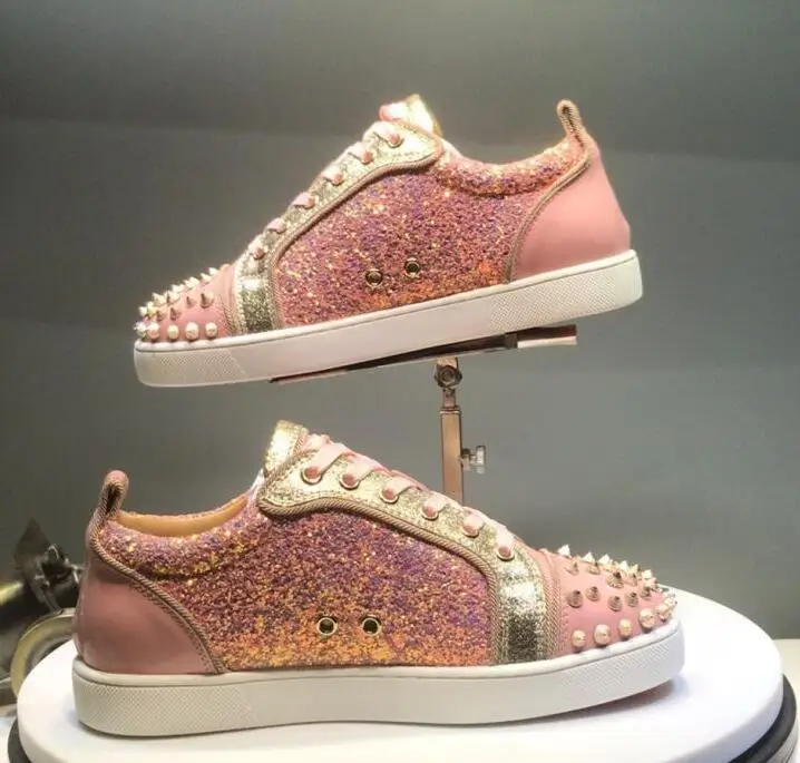 

2018 Newest Pink Glitter Women Fashion High Tops Golden Leather Rim Ladies Lace Up Casual Shoes Spikes Cover Vulcanize Shoes
