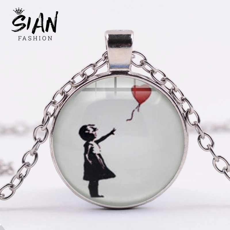 

SIAN Banksy Graffiti 'Girl with a Balloon' Necklace Art Painting There Is Always Hope Glass Gem Round Pendant Statement Jewelry