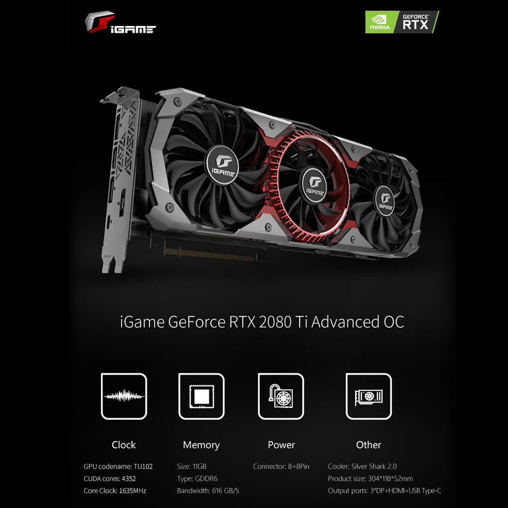 Цветная графическая карта RTX 2080Ti Advanced OC 2080 ti 11G Nvidia Turing GPU GDDR6 1635 МГц для ПК игровых
