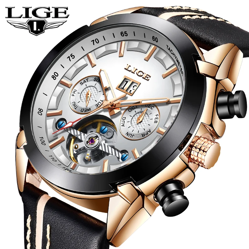 

LIGE New Men Top Brand Luxury Mechanical Watch Men Fashion Sports Waterproof Watch Military Leather Clock Relogio Masculino