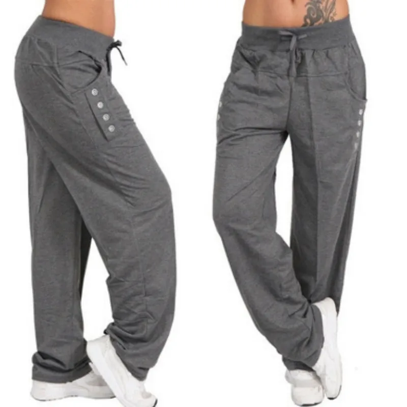 HOUZHOU S-5XL Drawstring Solid Harem Pants Women Loose Straight Ankle Length Trousers Mid Elastic Waist Plus Size Button Jogger HOUZHOU S-5XL Drawstring Solid Harem Pants Women Loose Straight Ankle Length Trousers Mid Elastic Waist Plus Size Button Jogger