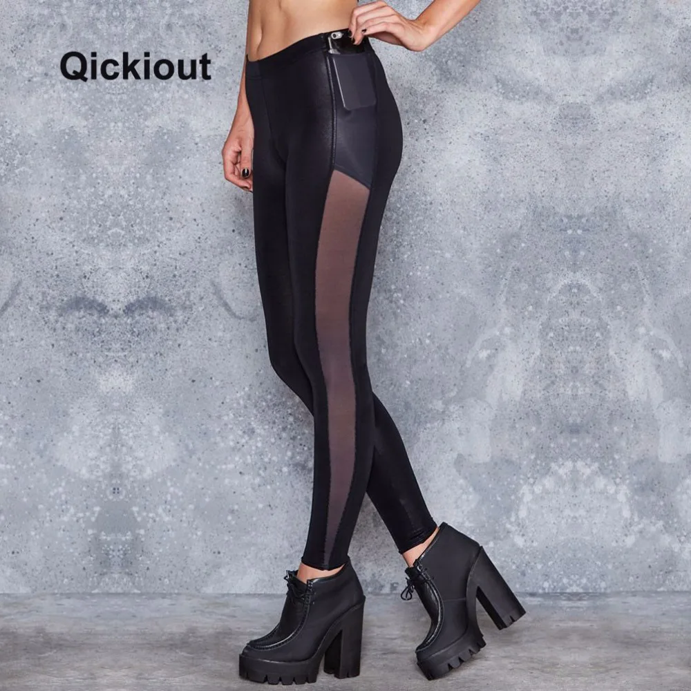 Qickitout, сексуальные кожаные штаны, женские леггинсы, боковая сетка, с вырезами, высокая талия, плюс карман, штаны, сексуальные, в стиле панк, леггинсы