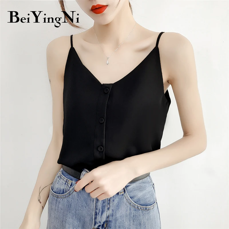

Beiyingni 2019 Summer Chiffon Top Female Solid Sexy Basic V-neck Sleeveless Vest Solid Buttons Casual Blouse Camis OL Haut Femme