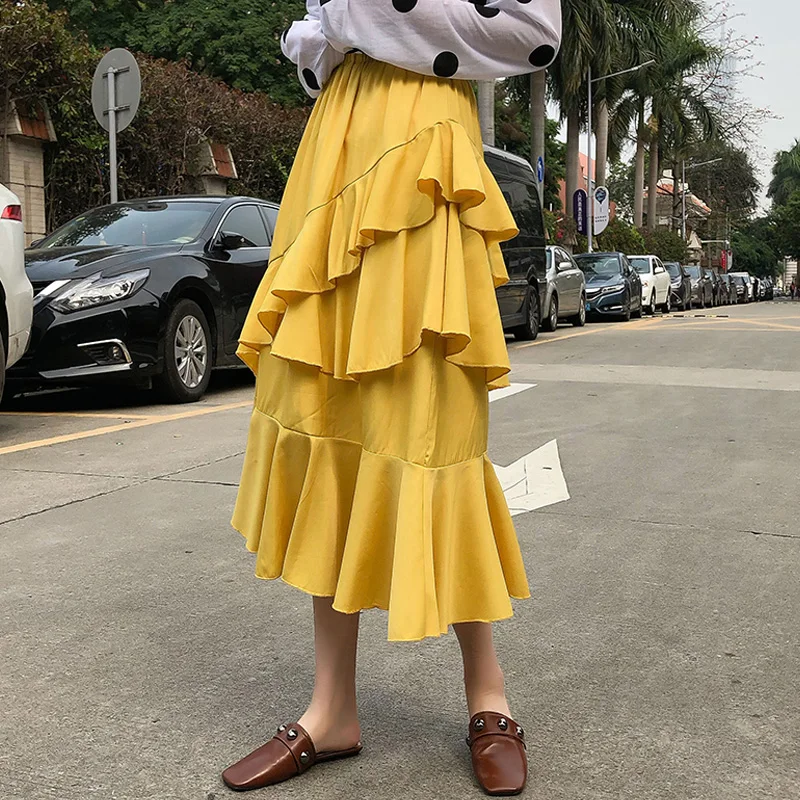 

Temperament Cascading Tiered A-line Mid-calf Long Skirts Irregular Ruffles Satin Summer Skirts Yellow White