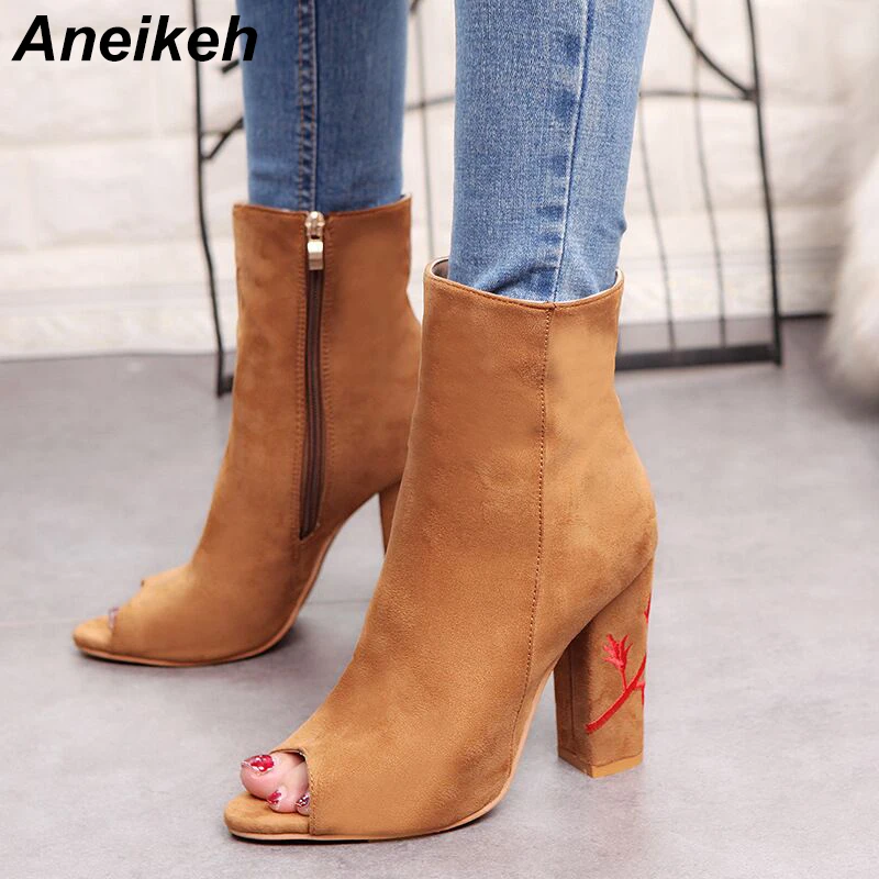 

Aneikeh Spring/Autumn Women High Boots Ankle Boots Fashion Embroider High Heels Open Toe Party Shoes Woman Booties Pumps