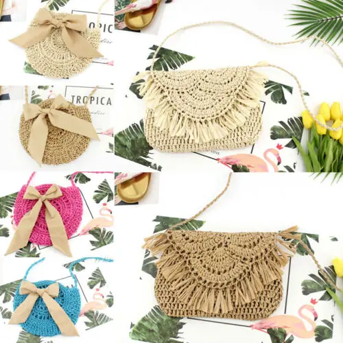 Women Straw Bag Summer Beach Rattan Shoulder Wicker Weave Cross Tote Handbag Ladies Fashion Bow  Handbags  Messenger Bags