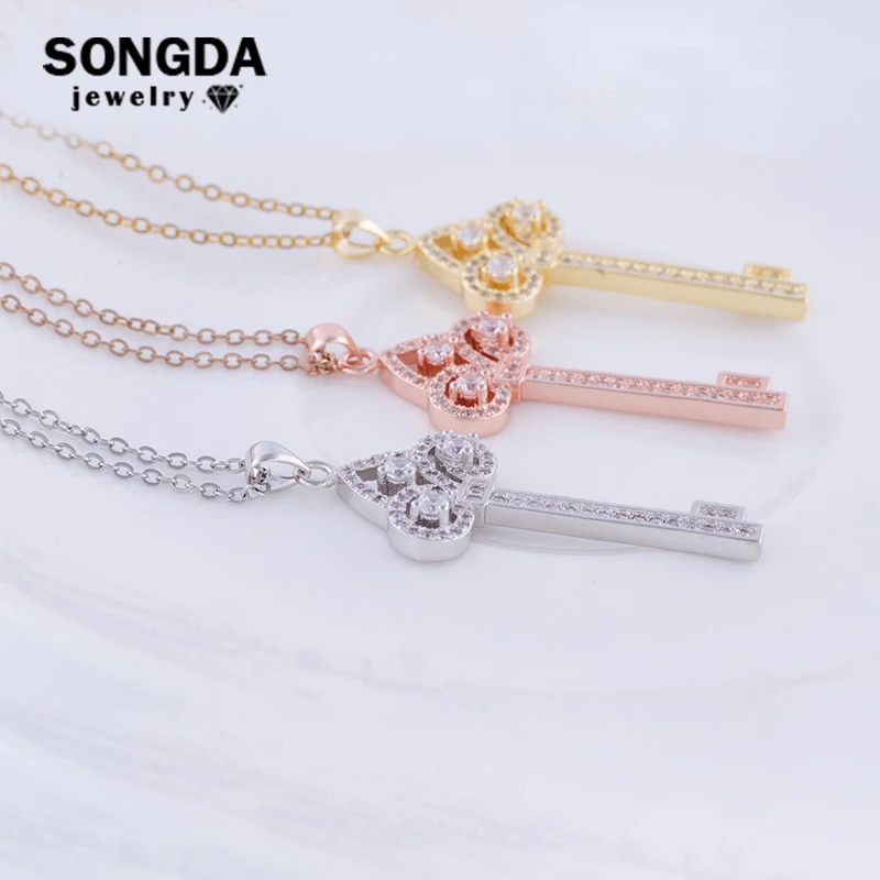 

SONGDA Hottest Design European Style Exquisite Key CZ Zircon Pendant Necklace for Women Jewelry Girl Clavicle Chain Choker Gifts