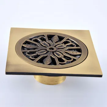 

Antique Brass Vintage Retro Carved Flower Pattern Bathroom Shower Drain 4" Square Floor Drain Waste Grates ahr079