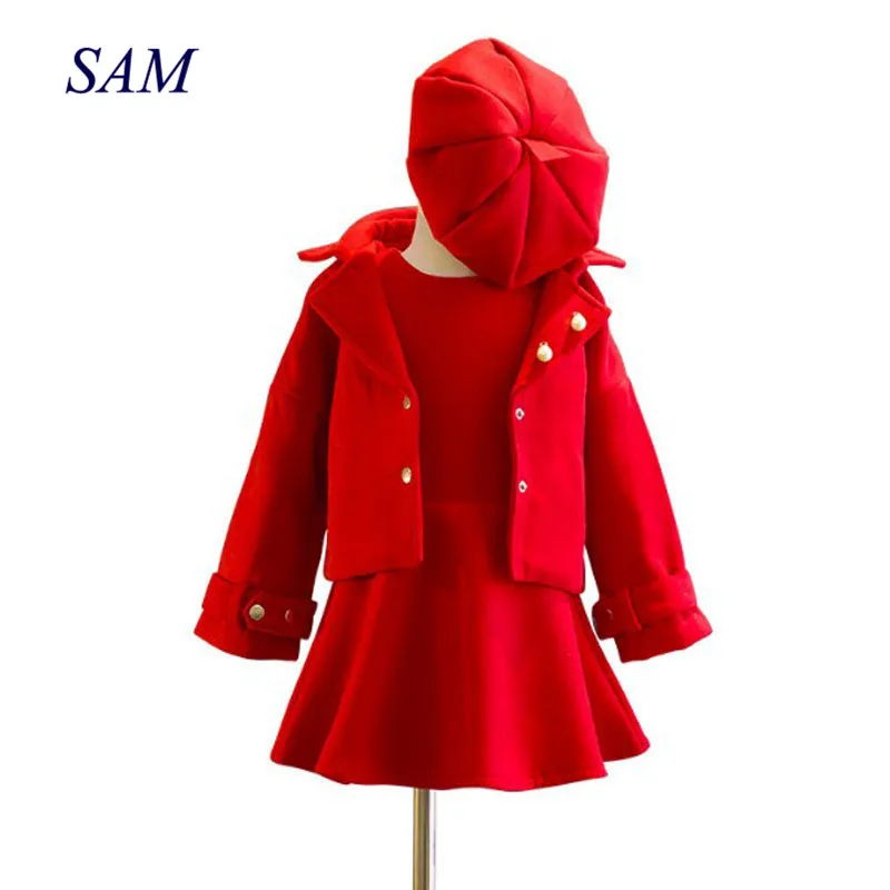 

Children's clothes 2019 spring and winter style infant baby kids clothing sets girls wool coat and dress and hat 3pieces jackets