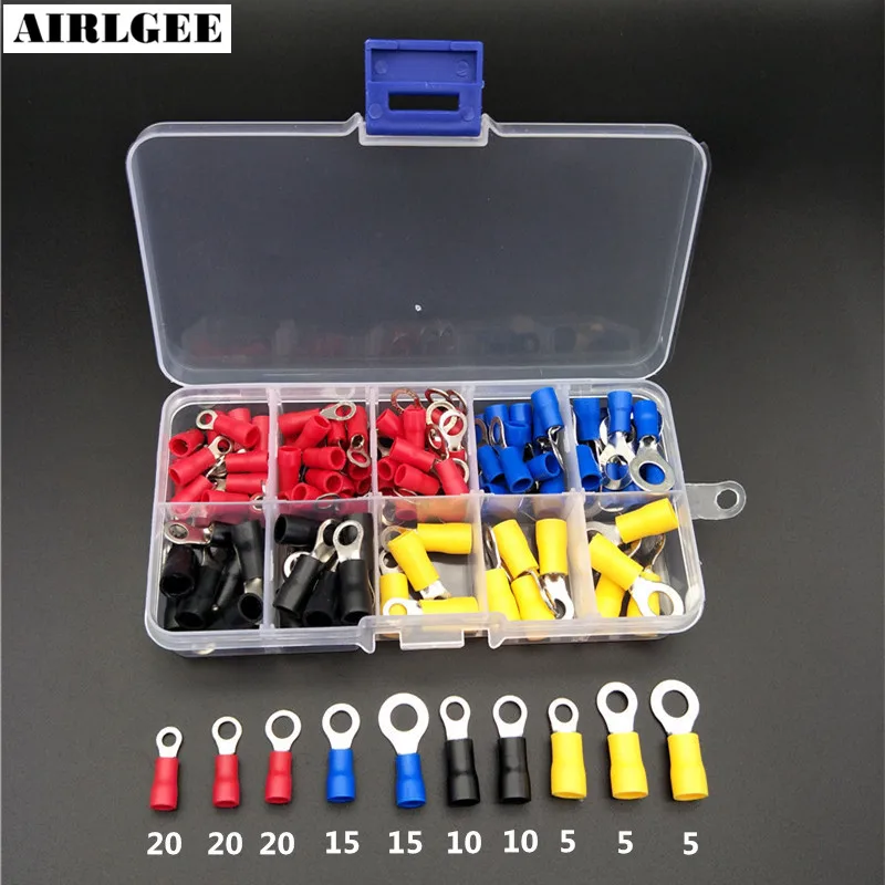 

125Pcs Ring Terminal Copper Crimp Pre-Insulated terminals Ring Wire Connector End Kit Set