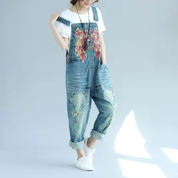 

Vintage Ripped Hole Women Jumpsuit Denim Overalls Loose Casual Suspenders Print Women Rompers Ladies Trousers with Braces
