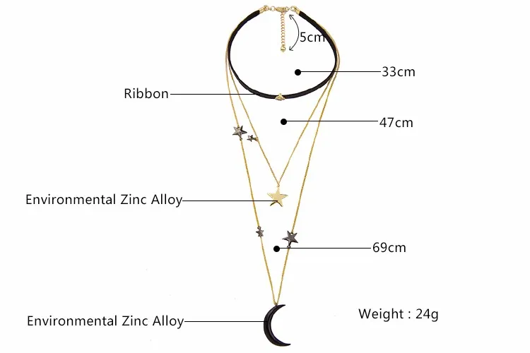 Черное бархатное ожерелье-чокер для женщин, трехслойное металлическое ожерелье с подвеской в виде звезд и Луны, модное Ювелирное Украшение