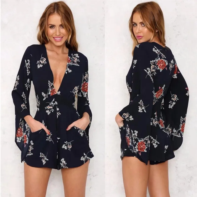 yinlinhe White V neck Sexy Summer Playsuit long Flare Sleeve Floral Women Playsuit Slim Waist Elegant bohemian Rompers  12