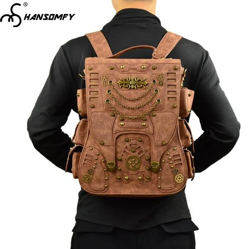 2018 new Unisex Backpack steampunk brown Leather Men Women shoulder Bags female male rivet travel backpack 2018 new Unisex Backpack steampunk brown Leather Men Women shoulder Bags female male rivet travel backpack