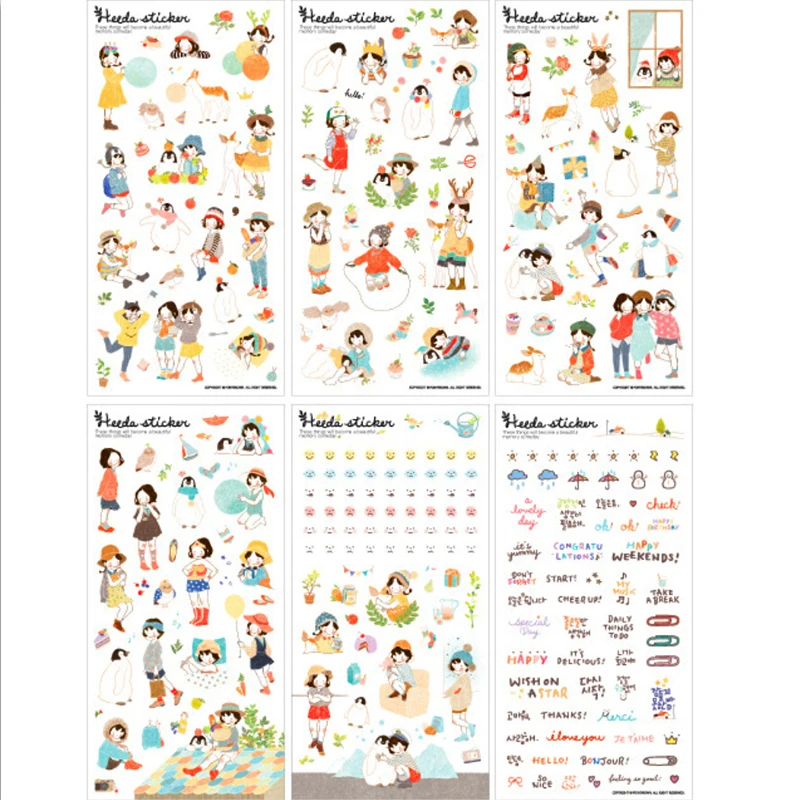 

6sheets/lot Cute Girls PVC Sticker Korean Style Cute Kawaii Planner Stickers for Notebook Diary Deoration