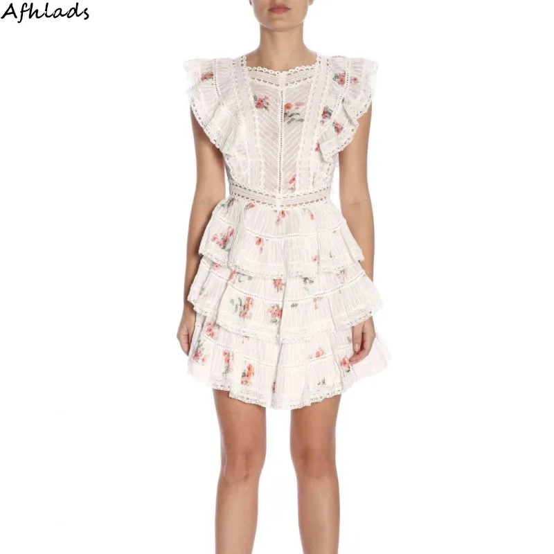 

Designer Brand Lace Ruffles Print Sleeveless Backless Dress Embroidered Holiday hollow out V-Neck chiffon mini vestidos dress