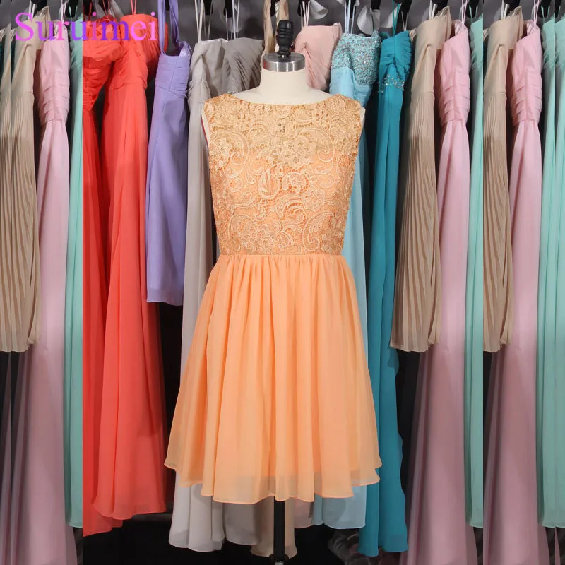 W Short Lace Bridesmaid Dresses Peach Color Round Neck Knee Length Short Brides Maid Dress Beach Free Shipping_