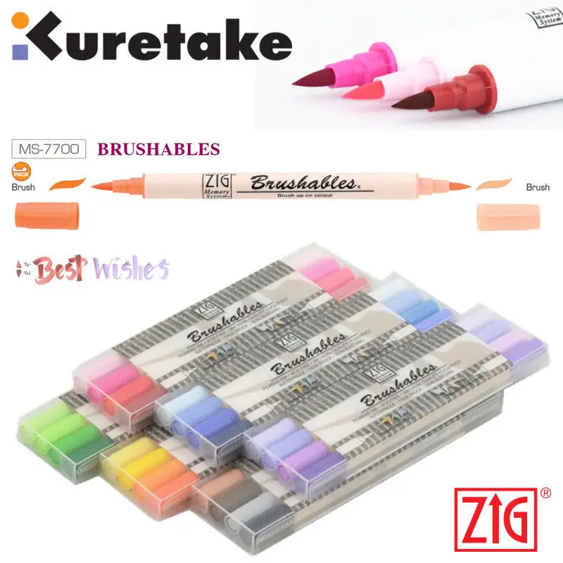 

ZIG Kuretake Waterproof Brushables 4 x Brush Marker Pen Set Twin Tips Red/Brow/Blue/Green/Purple/Yellow Set MS-7700