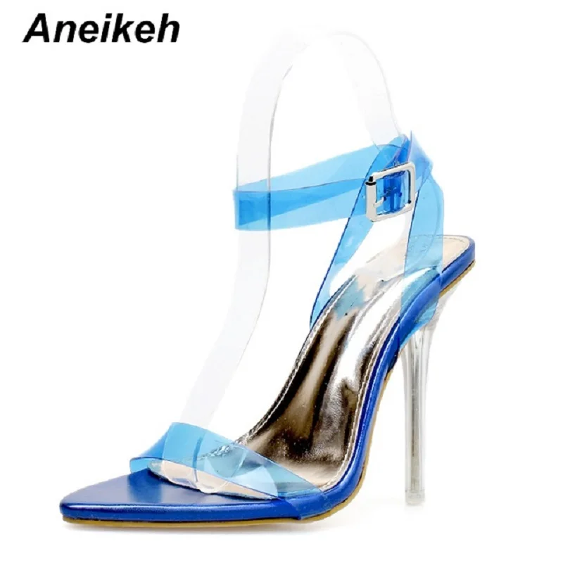 

Aneikeh New Summer PVC Transparent Belt Buckle Sandals Party Crystal Stiletto Heels Sexy Simple Pointed Toe Sandals Women