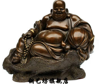 

14" China Bronze Happy Maitreya Buddha Sit Hand Hold Bead Statue
