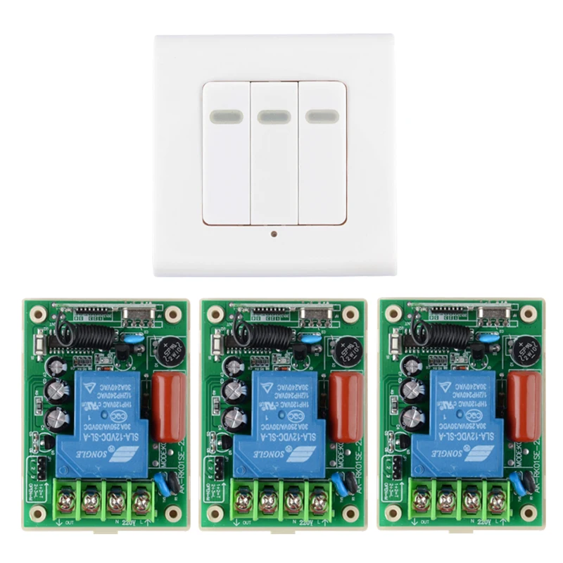 

220V Remote Switch 30A Relay 3PCS Receiver Wall Panel Transmitter Wireless Light Lamp LED Pump Power Switch Learning Code 315Mhz