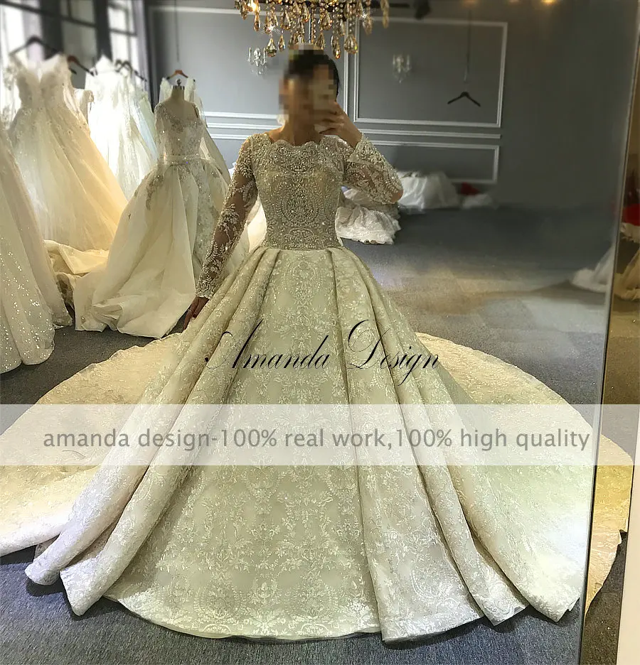 Robe de mariee princesse de Lux Горячая Индивидуальные Стразы Кристалл полный рукав свадебное платье