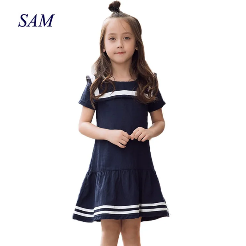 

Girls's sailor collar dress big children's cotton military mosaic stripe dresses kids solid short preppy dress