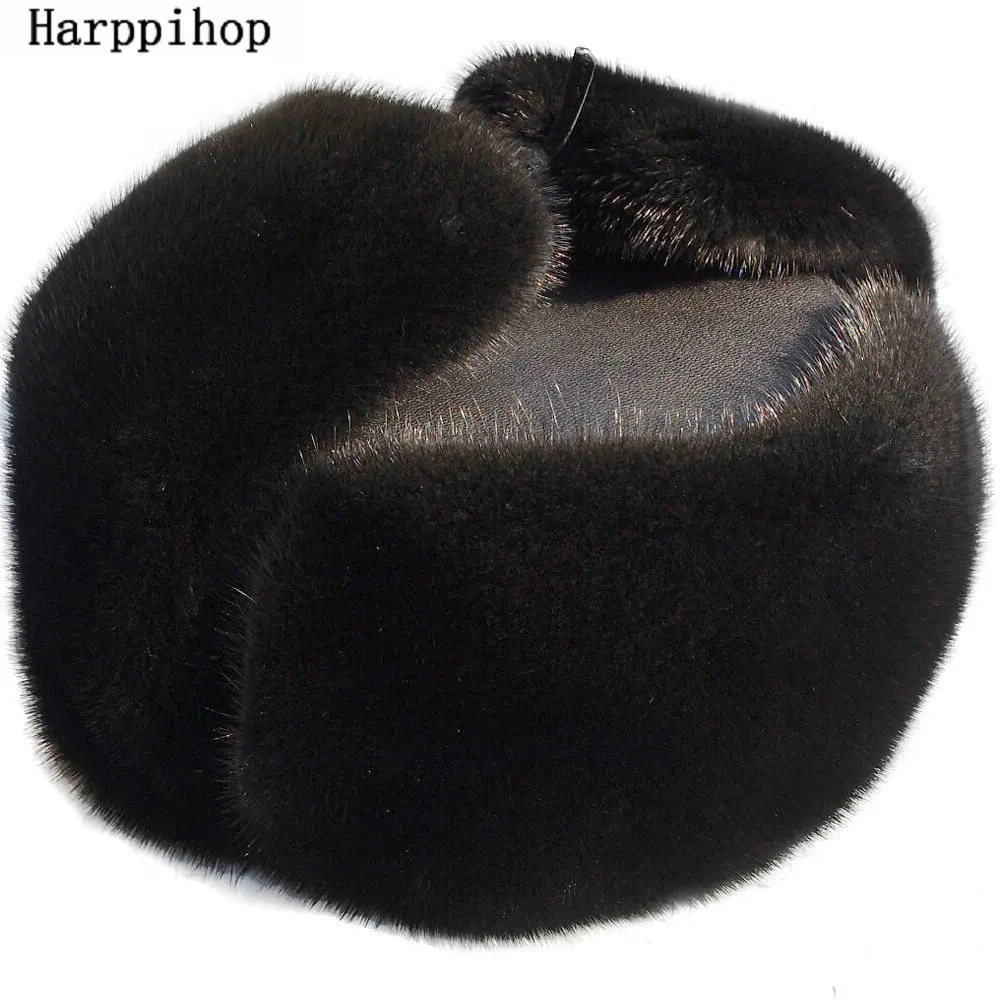 Autumn and winter Men's Mink Fur Hats Russian male quality black mink hair ear Real leather  hat mad bomber hat mens