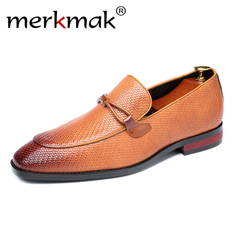 

Merkmak Dress Shoes Men Knit Texture Flats Leather Oxford Shoes British Business Formal Marriage Party Wedding Shoes Big Size 48