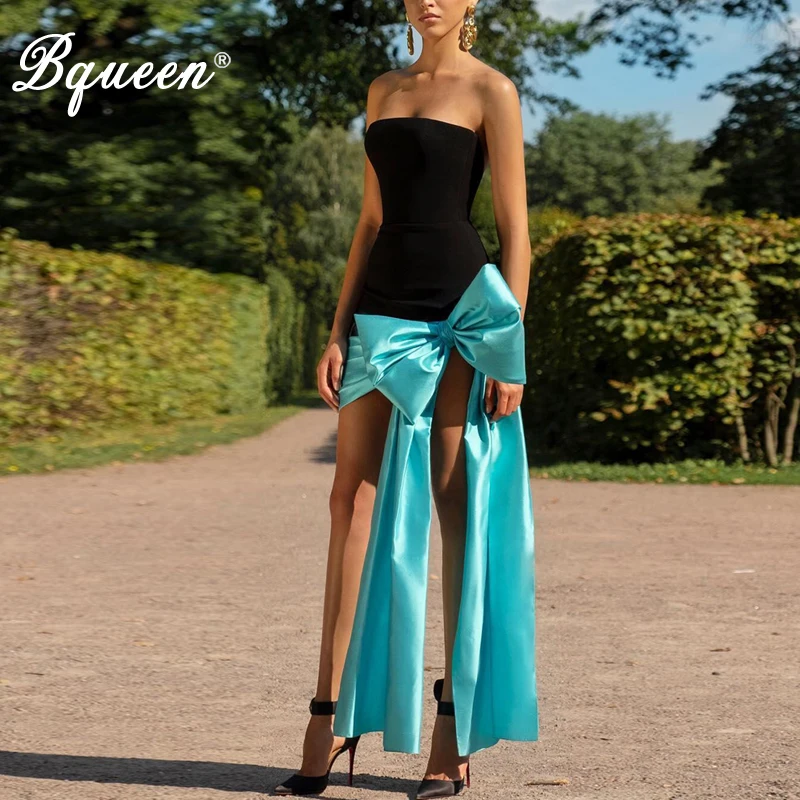 

Bqueen Sexy Slash Neck Off Shoulder Strapless Empire Sheath With Bow Mini Dress New Summer Vestidos Women Club Dress 2019