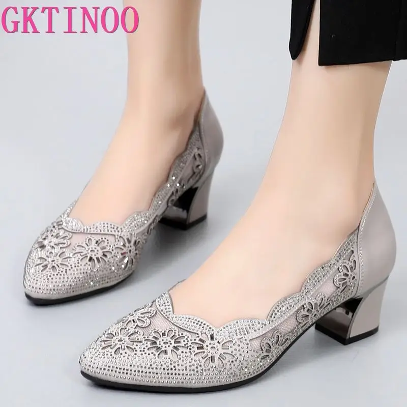 GKTINOO 2021 Summer Fashion Hollow Out Genuine Leather Pumps Women Shoes Med Heels Square Heel Mesh Ladies Office Shoes Crystal